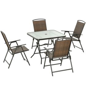 Outsunny 5 Pieces Wicker Patio Dining Set, Foldable Outdoor Table and Chairs, Wicker Furniture Dining Set with Umbrella Hole, Tempered Glass Table