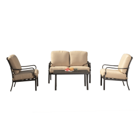 Outdoor 4 pcs Patio Conversation Set, Metal Dining Table and Chairs Dining Set with Removable Beige Cushions for Garden Lawn Yard