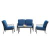 Outdoor 4 pcs Patio Conversation Set, Metal Dining Table and Chairs Dining Set with Removable Navy Blue Cushions for Garden Lawn Yard