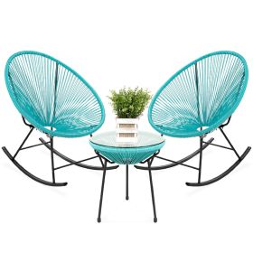 3 Piece Oval Patio Woven Rocking Chair Bistro Set (Color: Teal)