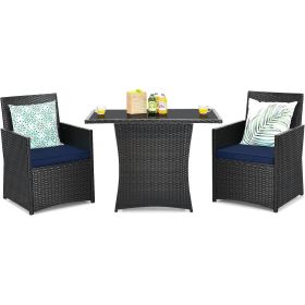 3-Piece Patio Furniture Outdoor Dining Set in Brown PE Rattan Cushions (Color: Navy Blue)