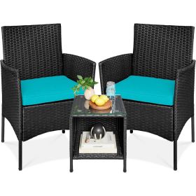 3-Piece Black PE Wicker Outdoor Patio Furniture Dining Set Cushions (Color: Teal Blue)