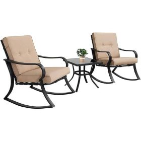 3-Piece Solid Wood Outdoor Patio Furniture Chairs Table Set Cushions (Color: Beige)