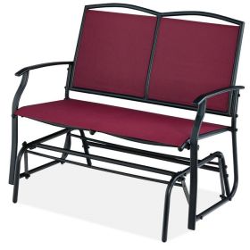 2 Seat Mesh Patio Loveseat Swing Glider Rocker with Armrests (Color: Burgundy Red)