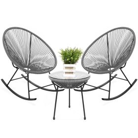 3 Piece Oval Patio Woven Rocking Chair Bistro Set (Color: Grey)
