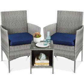 3-Piece Black PE Wicker Outdoor Patio Furniture Dining Set Cushions (Color: Navy Blue)