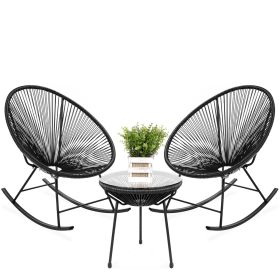3 Piece Oval Patio Woven Rocking Chair Bistro Set (Color: Black)