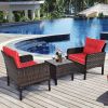 3-Piece Brown PE Rattan Outdoor Dining Patio Furniture Set Cushions
