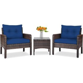 3-Piece Brown PE Rattan Outdoor Dining Patio Furniture Set Cushions (Color: Blue)
