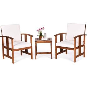 3-Piece Solid Wood Outdoor Patio Furniture Chairs Table Set Cushions (Color: White)