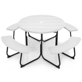 Outdoor Metal and HDPE Picnic Table Bench Set with Umbrella Hole - Seats 8 (Color: White)