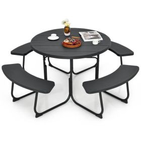Outdoor Metal and HDPE Picnic Table Bench Set with Umbrella Hole - Seats 8 (Color: Black)