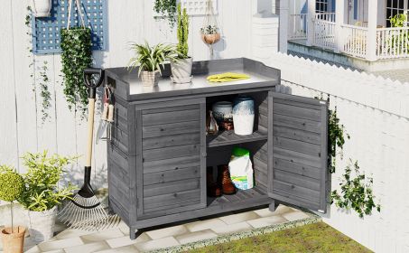 TOPMAX Outdoor 39" Potting Bench Table, Rustic Garden Wood Workstation Storage Cabinet Garden Shed with 2-Tier Shelves and Side Hook (Color: Grey)