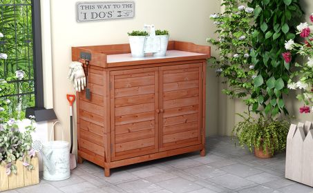 TOPMAX Outdoor 39" Potting Bench Table, Rustic Garden Wood Workstation Storage Cabinet Garden Shed with 2-Tier Shelves and Side Hook (Color: Orange)
