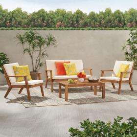 Temecula Outdoor Acacia Wood 4-Seater Chat Set_Loveseat&Coffee Table&2 Club Chairs (Color: Brown)