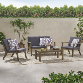 Temecula Outdoor Acacia Wood 4-Seater Chat Set_Loveseat&Coffee Table&2 Club Chairs (Color: Grey)