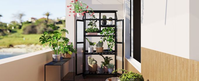 TOPMAX 62inch Height Wood Large Greenhouse Balcony Portable Cold Frame with Wheels and Adjustable Shelves for Outdoor Indoor Use (Color: Black)